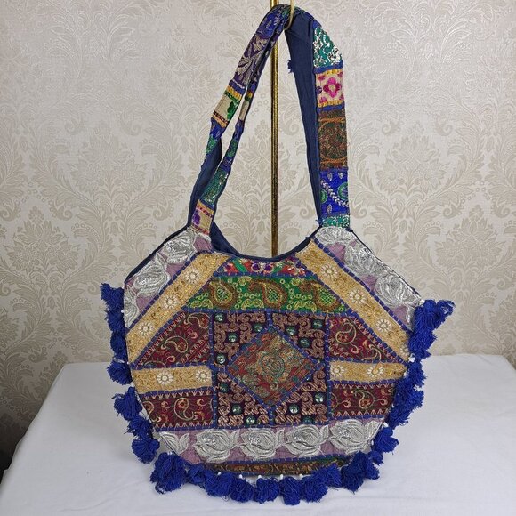 Handmade Colorful Patchwork Tote Bag with PomPom & Sequin Details NWOT - Picture 1 of 9